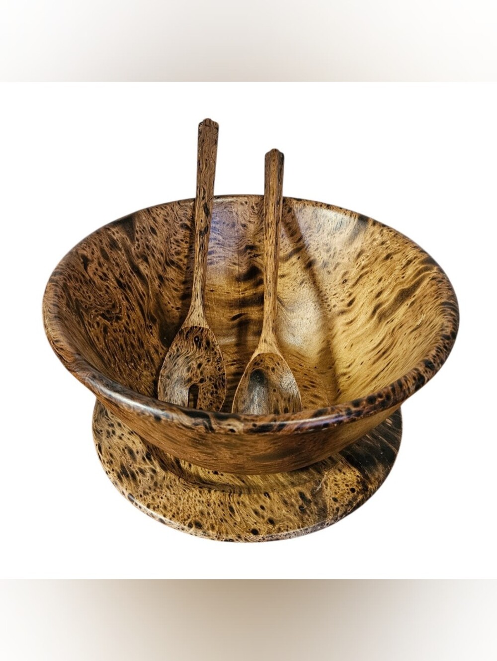 Vintage Rubberwood Salad Bowl Set with Base & Serving Spoons Marbled Burl Wood
